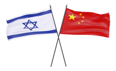 Israel and China, two crossed flags isolated on white background. 3d image