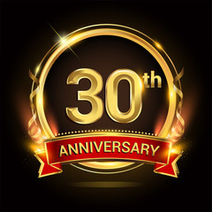 30th golden anniversary logo with ring and red ribbon, vector design.