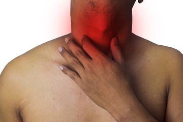 Naklejka premium The man touches his sore throat with red spots, isolated on white background