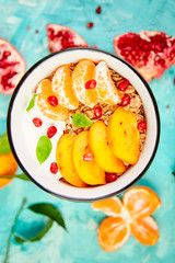 Tropical fruit Breakfast homemade granola yogurt. Healthy
