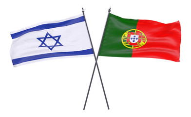 Israel and Portugal, two crossed flags isolated on white background. 3d image