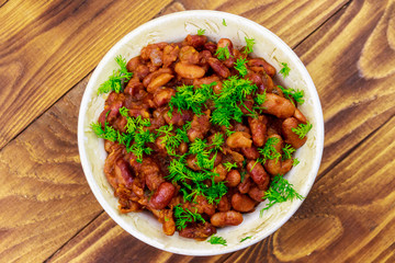 Traditional georgian kidney beans dish lobio on wooden table