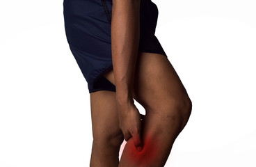 Man calf pain with an anatomy injury caused by sports accident or arthritis. Massaging painful leg calf. Joint injury or disease concept