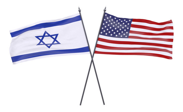 Israel and USA, two crossed flags isolated on white background. 3d image