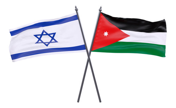 Israel and Jordan, two crossed flags isolated on white background. 3d image