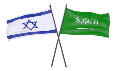 Israel and Saudi Arabia, two crossed flags isolated on white background. 3d image