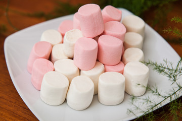 dish with pink and white marshmallows
