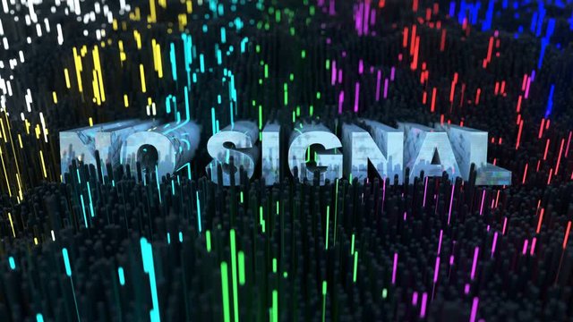 No signal text and glowing SMPTE color bars. Streaming data malfunction concept. Seamless loop 3D render animation with DOF