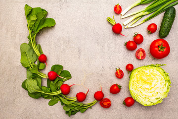 Assortment fresh organic vegetables. Food cooking stone background. Healthy vegetarian (vegan) eating concept, copy space, top view, flat lay.