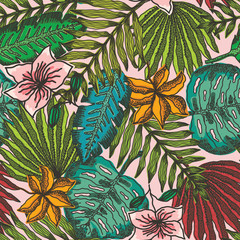 Bright seamless pattern with outline colorful tropical leaves and flowers on light pink background. Trendy exotic plants texture for textile, wrapping paper, surface, wallpaper, background