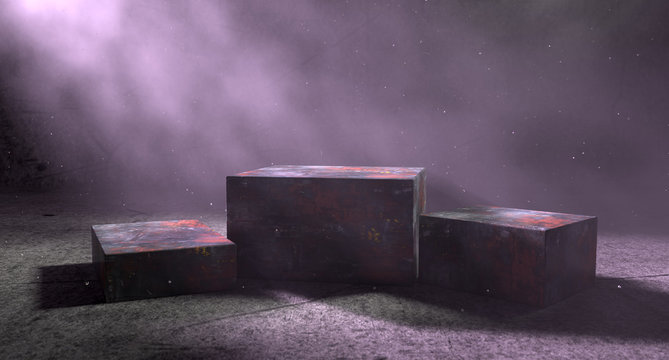 Fondo abstracto cuarto oscuro y vac&iacute;o . Pedestal o plataforma sobre piso de cemento sucio y viejo