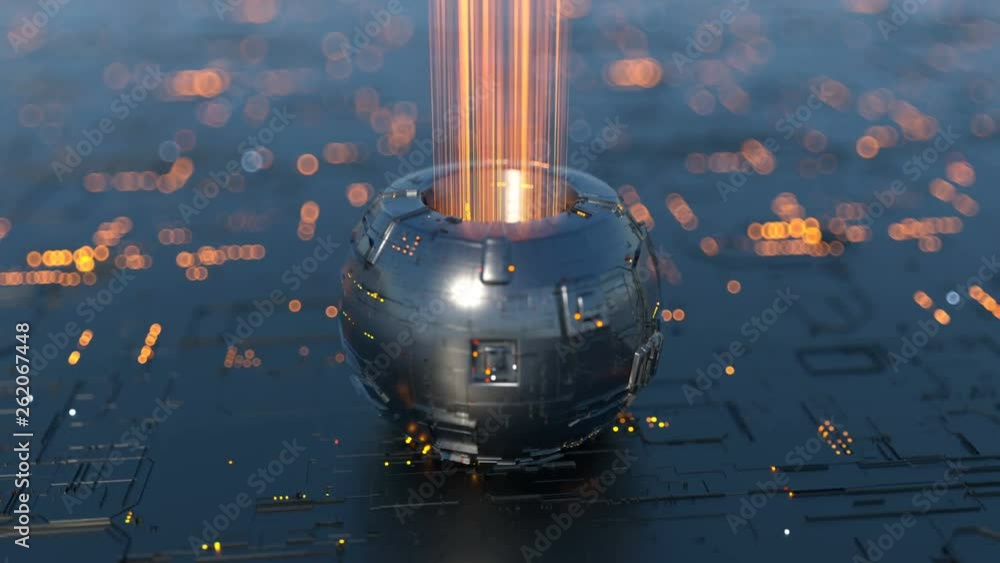 Poster space energy rig. technology or science fiction concept. seamless loop 3d render animation with dof