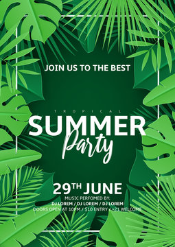 Tropical summer party flyer. Vector illustration with tropical leaves in paper cut style on dark green background. Invitation to nightclub.