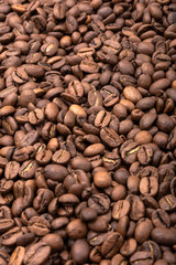 Roasted coffee beans. Mixture of different kinds of coffee beans. Vertical coffee background.