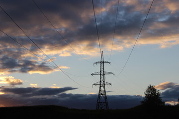 electricity, power, sunset, energy, sky, pylon, line, cable, tower, electric, voltage, electrical, wire, wires, lines, industry, high, transmission, silhouette, clouds, blue, power line, sun, technolo
