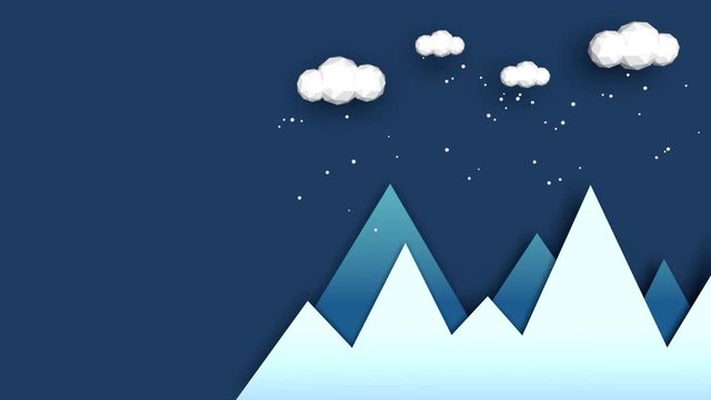 Mountains in winter - falling snow animation. Modern and flat style. Blue mountains, white clouds above, falling snowflakes. Low poly design. Usable as christmas greeting.
