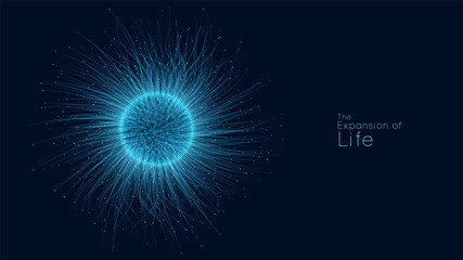 Expansion of life. Vector sphere explosion background. Small particles strive out of center. Blurred debrises into rays or lines under high speed of motion. Burst, explosion backdrop.