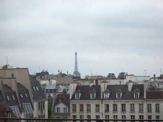Fototapeta na wymiar Grey sky over the roofs of Paris on a cloudy spring day due to fire in Notre Dame Cathedral