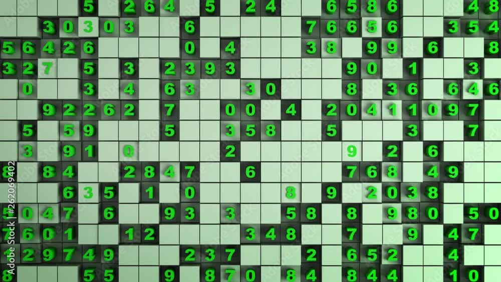 Poster green cubes and numbers. abstract digital technology concept. seamless loop 3d render animation