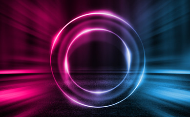 Empty background scene. Dark street, a reflection of blue and pink neon light on wet pavement. Rays of light in the dark, smoke. Night view of the street, the city. Abstract dark background.