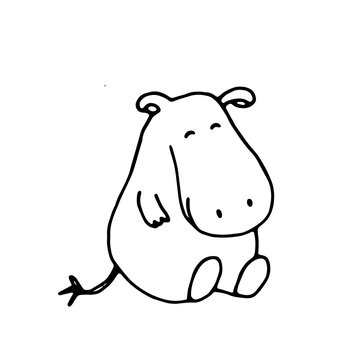 vector hand drawn doodle illustration of happy, smiling hippo,perfect as simple, cheerful template,cute card or a cartoon background with an animal theme for happy children,made in black and white
