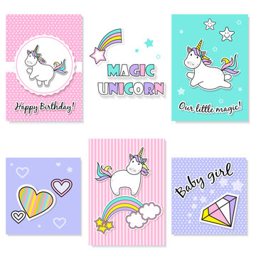 set of cute unicorn icons, rainbow and stars, child vector illustration, cartoon design