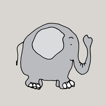 vector hand drawn doodle illustration of happy, smiling elephant,perfect as simple,cheerful template,cute card or a cartoon background with an animal theme for happy children,drawn in outline, colored