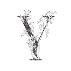Floral botanical alphabet. Letter with plants and flowers.