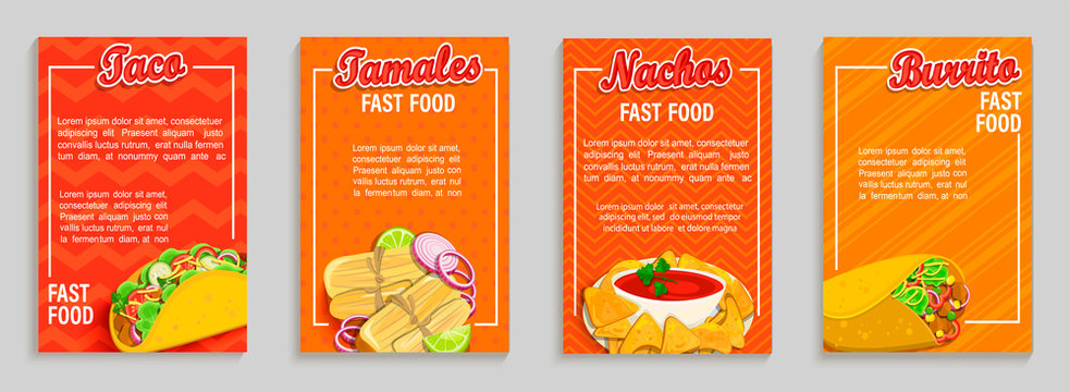 Set of mexican fast food shop flyers,banners.Set of taco,tamales,nachos,burrito menu pages for caffee, resaurant. Takeaway snack,poster,card for cafeteris,truck advertise.Template for design,vector