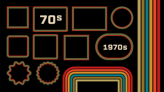 1970s Style Museum Picture Frames Vector Set. Trendy 1970s, Old Fashioned Artistic Decorative Borders. Retro Background With Multicolored Lines, Geometric Shapes. 70s Flat Illustration With Copyspace