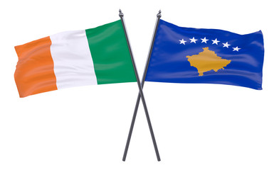 Ireland and Kosovo, two crossed flags isolated on white background. 3d image