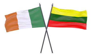 Ireland and Lithuania, two crossed flags isolated on white background. 3d image