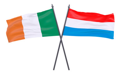 Ireland and Luxembourg, two crossed flags isolated on white background. 3d image