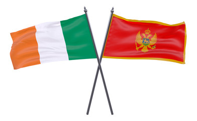 Ireland and Montenegro, two crossed flags isolated on white background. 3d image