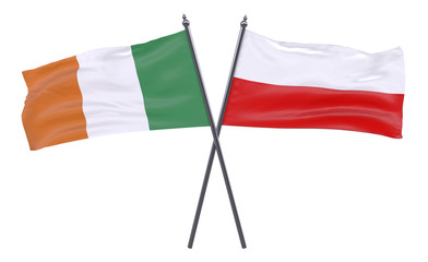 Ireland and Poland, two crossed flags isolated on white background. 3d image