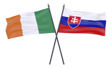 Ireland and Slovakia, two crossed flags isolated on white background. 3d image