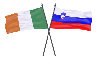 Ireland and Slovenia, two crossed flags isolated on white background. 3d image