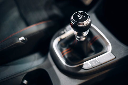 Manual gearbox handle in the modern car. Manual gear shifter