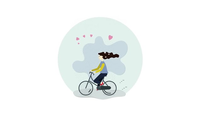 Flat design concept animation of woman riding a bike with title bike love composition. Motion graphic.