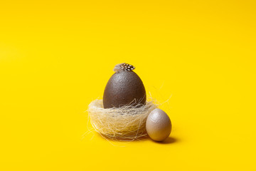 Easter, brown egg on yellow background. Decorated with feathers. 