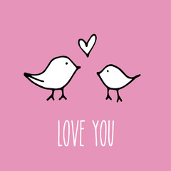 vector illustration of a cute birds couple in love, with simple heart on pink background, perfect for wedding, valentine's day or a lovely happy anniversary card