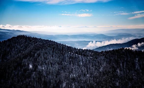 Misty white clouds forming on top of a rocky mountain / yenice forest in karabuk turkey	