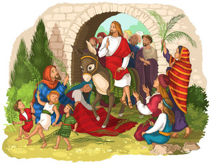 Fototapeta premium Entry of Our Lord into Jerusalem (Palm Sunday). Jesus Christ riding a donkey. Crowds welcome him with palm fronds, spread clothes before him