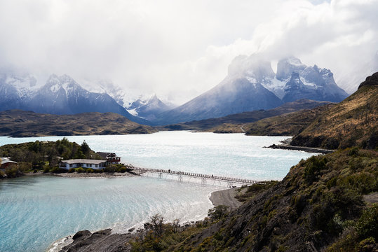 Chile, Patagonia, Landscape of river and mountains of Torres del Paine National Park