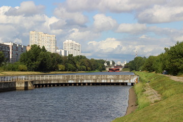 Moscow / Russia – 08 26 2017:  Emergency area of Moscow Navigation canal in Tushino before crash accident - summer view to quay and water