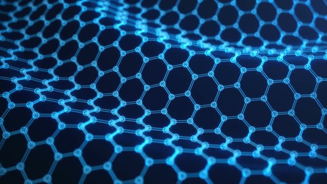 Abstract nanotechnology hexagonal geometric form close-up, concept graphene atomic structure, concept graphene molecular structure. Scientific concept. Seamless, loopable animation