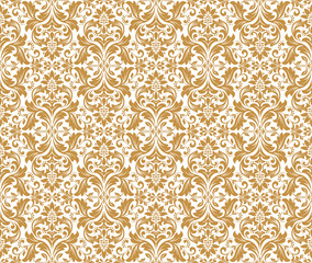 Floral pattern. Vintage wallpaper in the Baroque style. Seamless vector background. White and gold ornament for fabric, wallpaper, packaging. Ornate Damask flower ornament