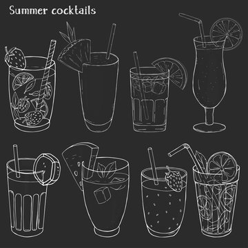 Set of refreshing summer drinks. Silhouettes of different cocktails and juices in glass cups on black background.