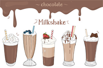 Set of refreshing summer drinks. Various milkshakes with chocolate on white background.