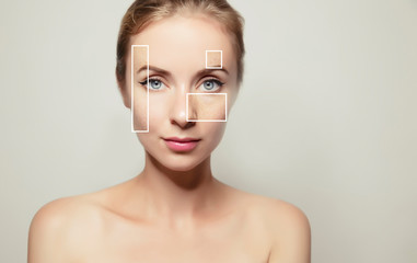 woman face portrait with clear and pimpled skin / skin treatment products concept for design